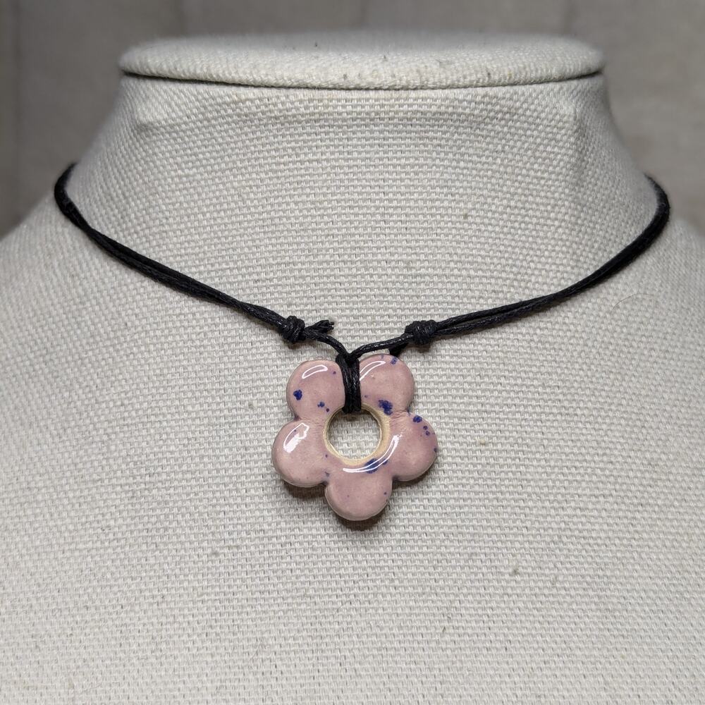 Pink Ceramic Flower Pendant Choker Necklace Handmade Boho Hippie Whimsical Y2K